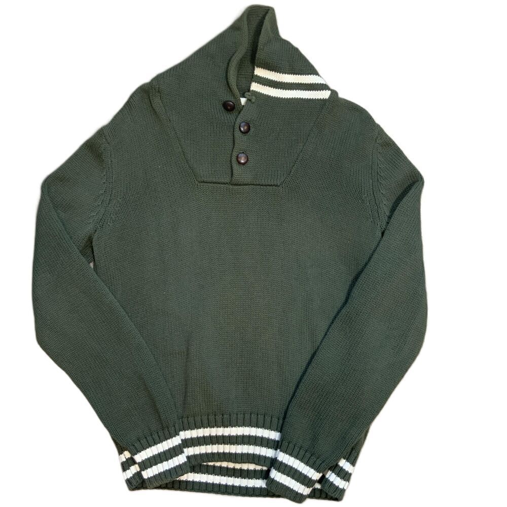 H&M Green Shawl Collar Striped Pullover Sweater Size L Vintage Preppy Academia